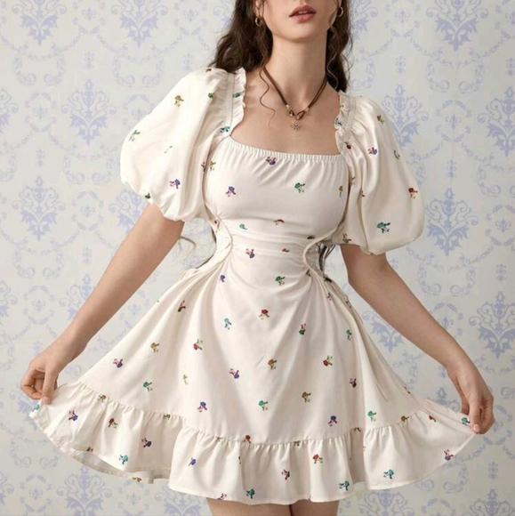 Khaki & Multicolor Floral Print Puff Sleeve Cross Tie Dress, Cute, Boho Style - Picture 1 of 4